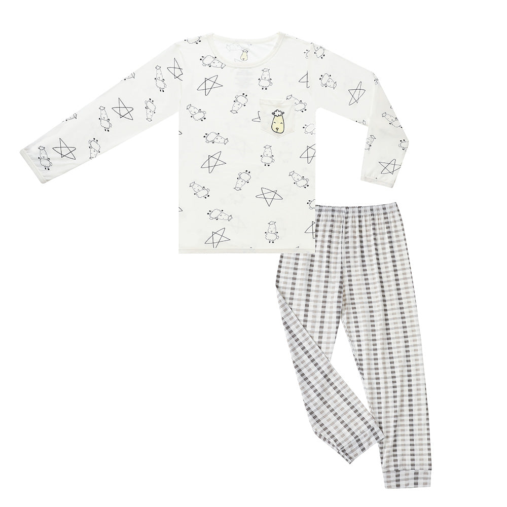 Pyjamas Set Cute Big Star & Sheepz White +  Checkers Grey