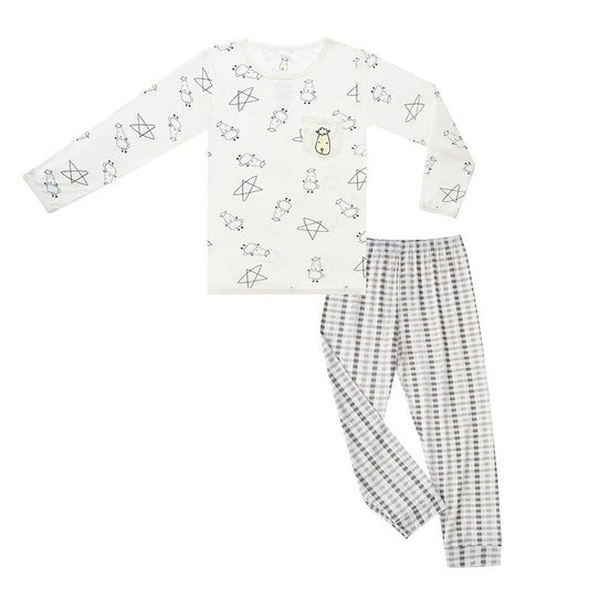 Pyjamas Set Cute Big Star & Sheepz White +  Checkers Grey