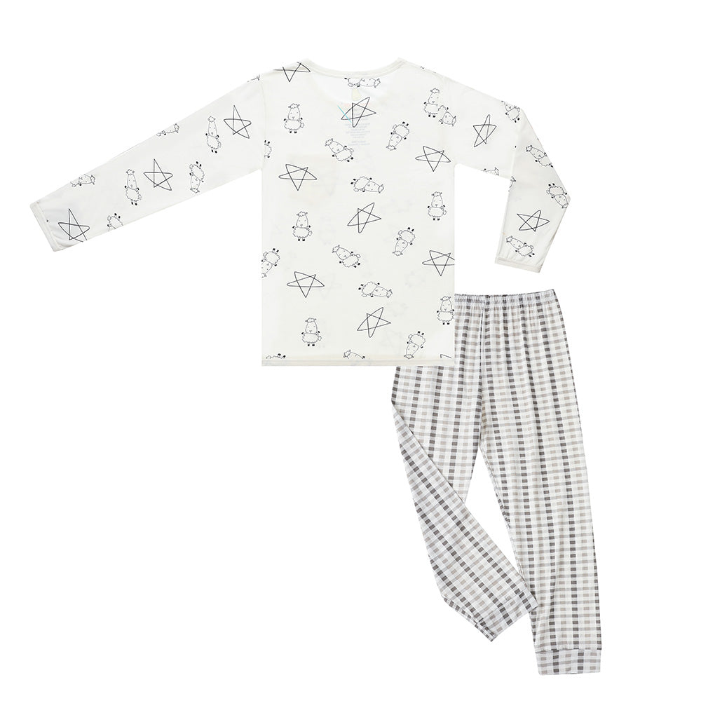 Pyjamas Set Cute Big Star & Sheepz White +  Checkers Grey