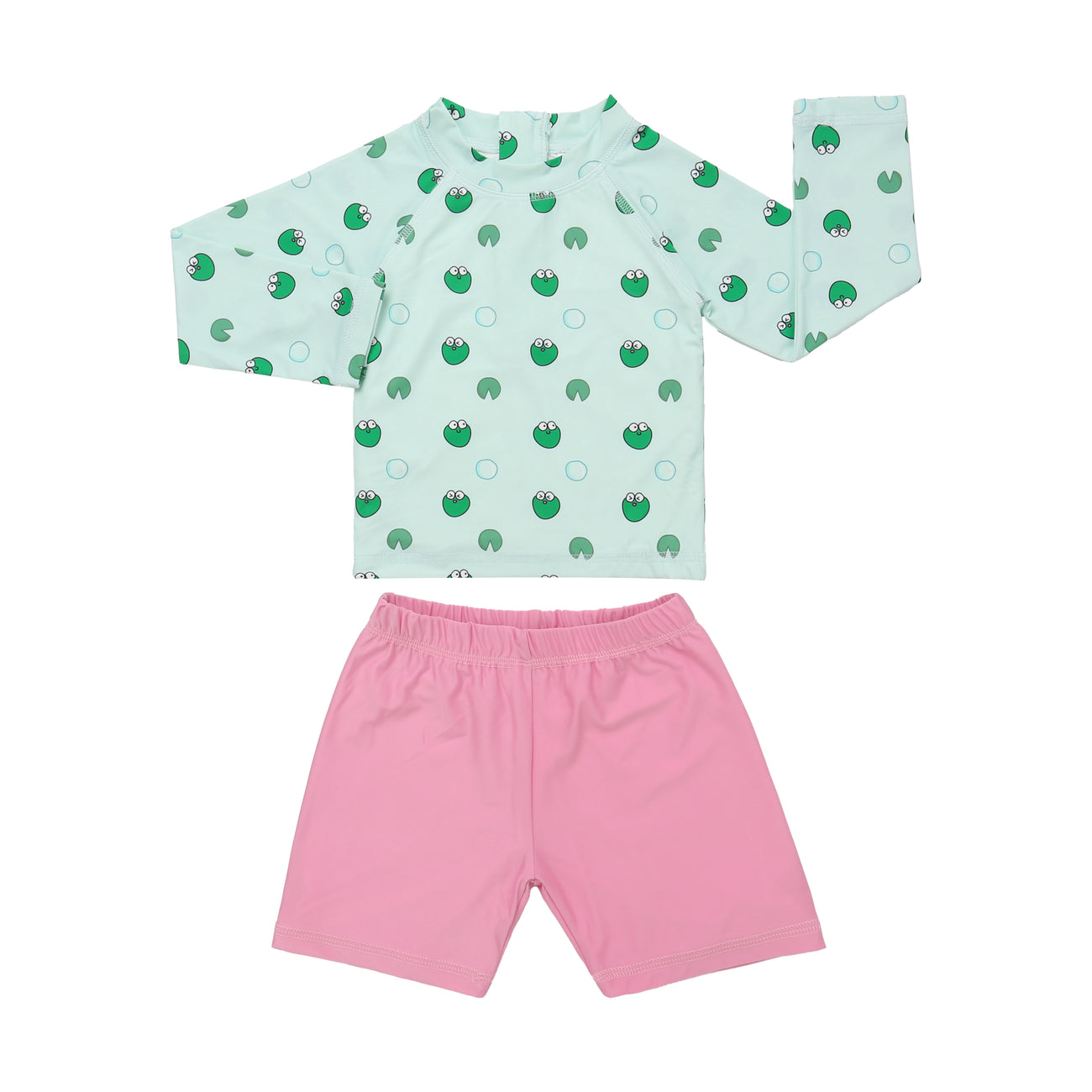 Girls Long Sleeve Swimsuit 004 Blue + Shorts Pink
