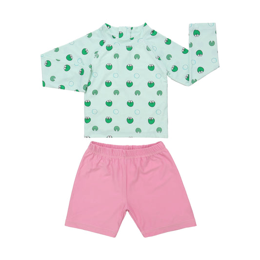 Girls Long Sleeve Swimsuit 004 Blue + Shorts Pink