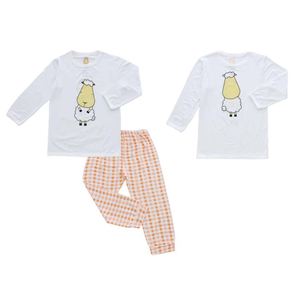 Pyjamas Set White Front Back Sheepz + Orange Checker
