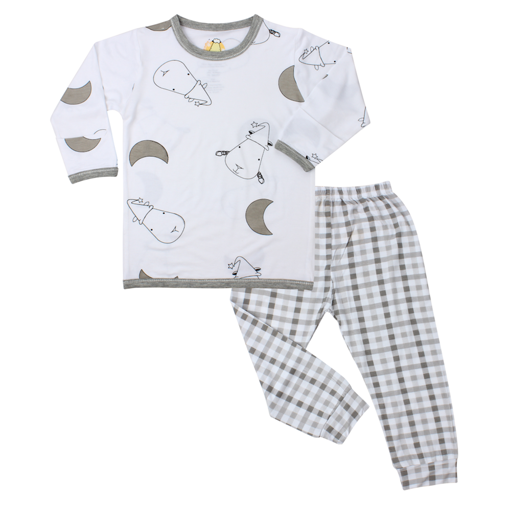 Pyjamas Set White Big Moon & Sheepz + Grey Checkers – Baabaasheepz.My